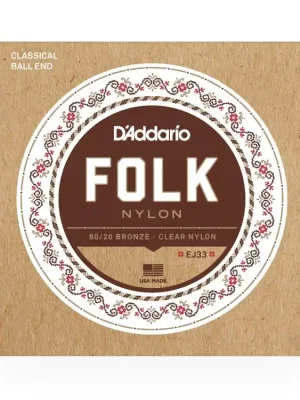 D'Addario EJ33 Folk Nylon Guitar Strings, Ball End, 80/20 Bronze/Clear Nylon Trebles Nízká Cena