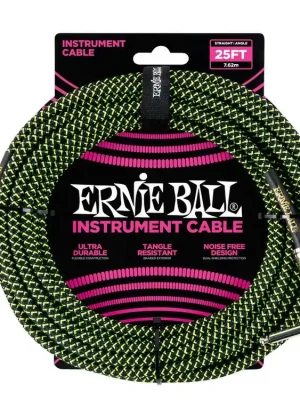 Expresní Doručení 6066 Ernie Ball 25' Instrument Braided Cable - nástrojový kabel rovný / zahnutý jack - 7.62m - černozelená barva