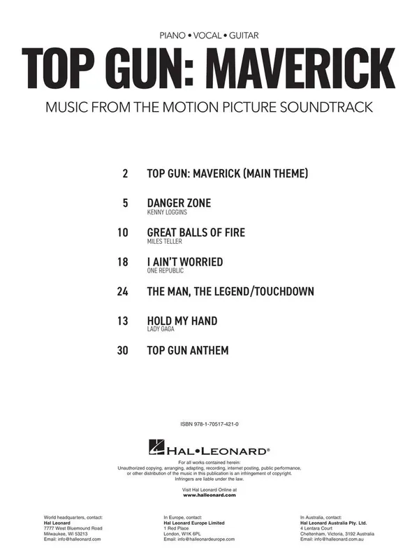 Značkový Top Gun: Maverick / filmové melodie a písničky pro sólo klavír a klavír/zpěv/akordy